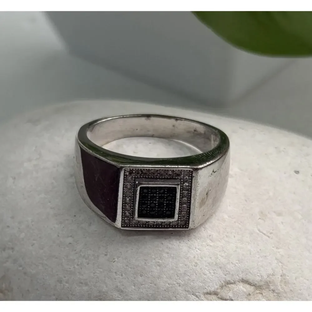 Men's 925 Sterling Silver White & Black Diamonds 0.17 ctw Ring Size 10